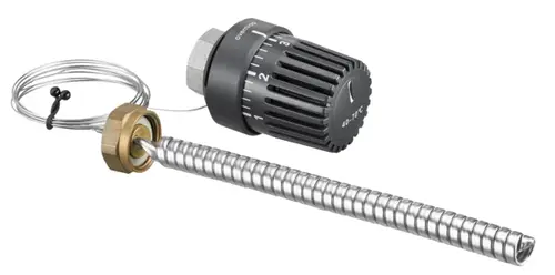 Temperaturregler von Oventrop mit einem Wendelfühler aus Edelstahl und einstellbarem Thermostatkopf, geeignet zur Regelung der Trinkwassertemperatur.
